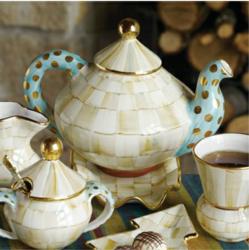MacKenzie-Childs Parchment Check Teapot. Handmade MacKenzie-Childs ceramic teapot, beautifully hand decorated with gold lustre embellishment in the new Parchment Check pattern.